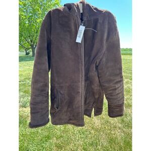 St Johns Bay Men's Washable Suede Hooded Jacket Brown Faux Fur Lined  Size Large